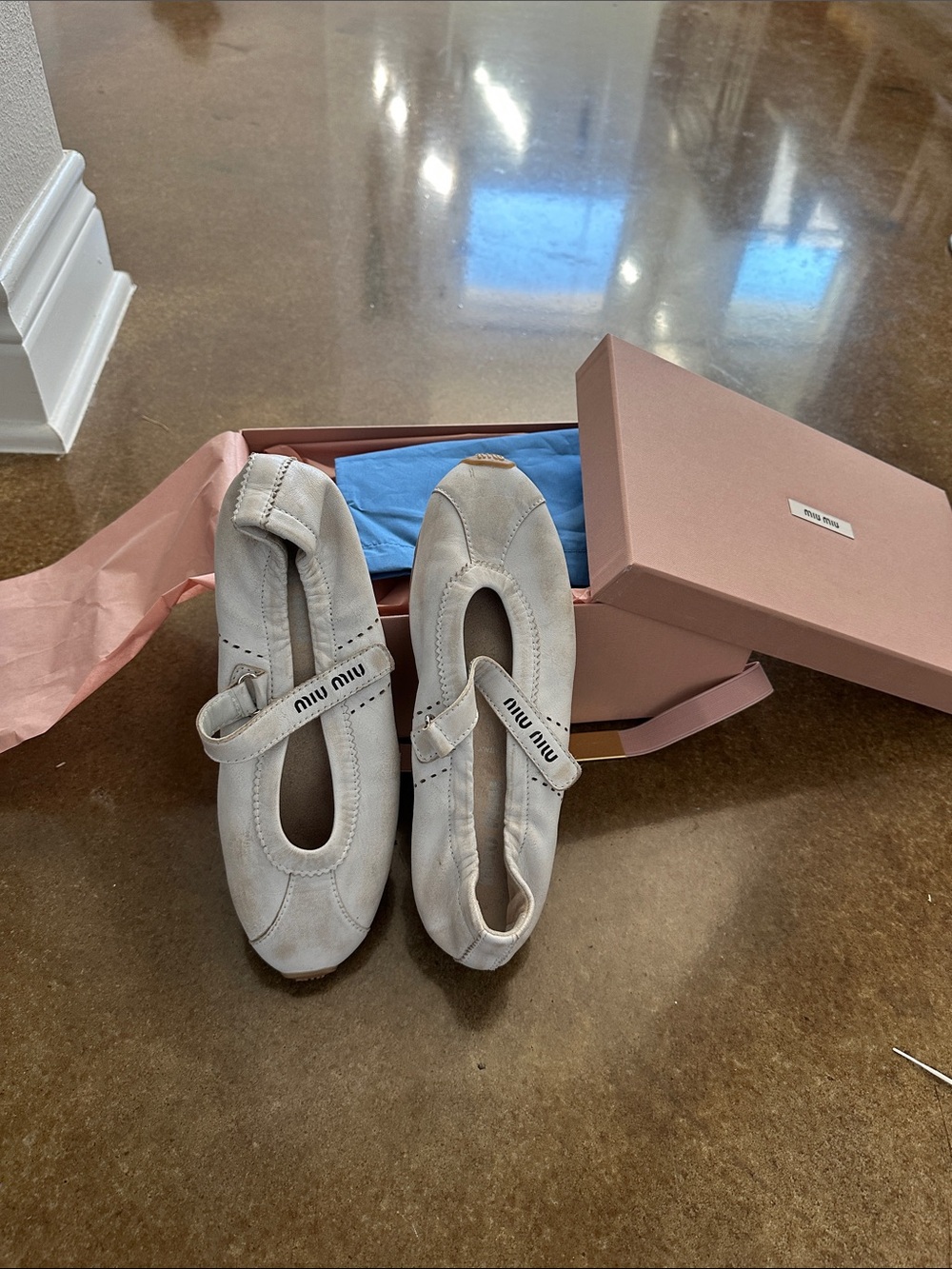 Miu Miu white distressed Suede Mary Jane ballerina sneaker with Branded Strap
